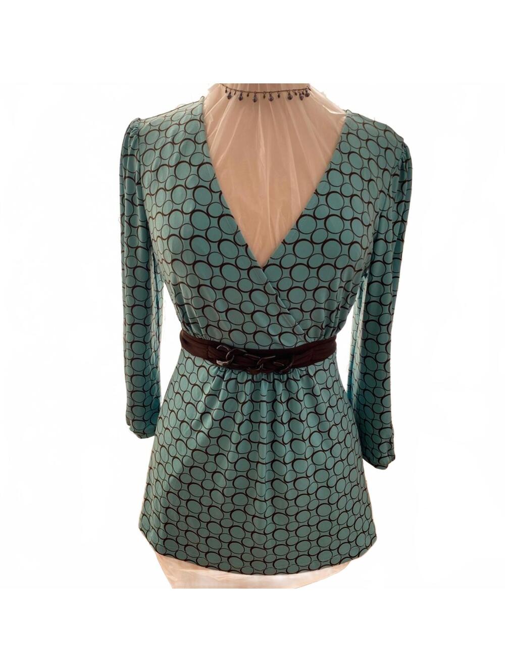 APT.9 Women's Blue Circle Pattern Wrap Top with Brown Belt M